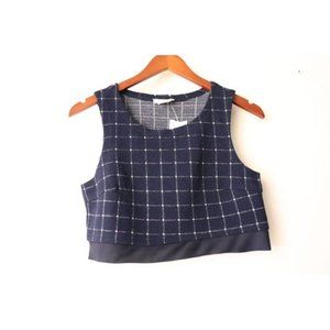 Cooperative Women's Small Navy Blue White Crop Top Scoop Neck Plaid Knit Tank